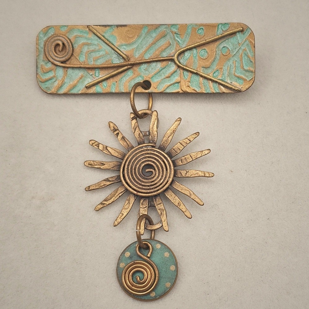 Handmade Artisan Brutalist Brooch Pin Mixed Metal Sun Dangle Boho Celestial